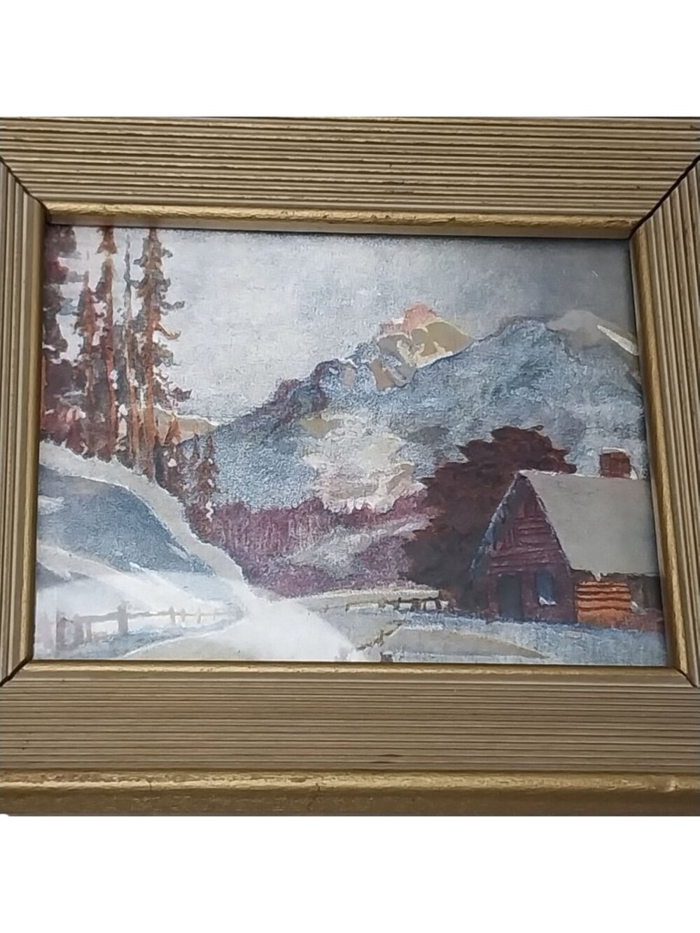 Vintage Franklin Picture Foil Lithograph Framed Artwork Snowy Winter Village